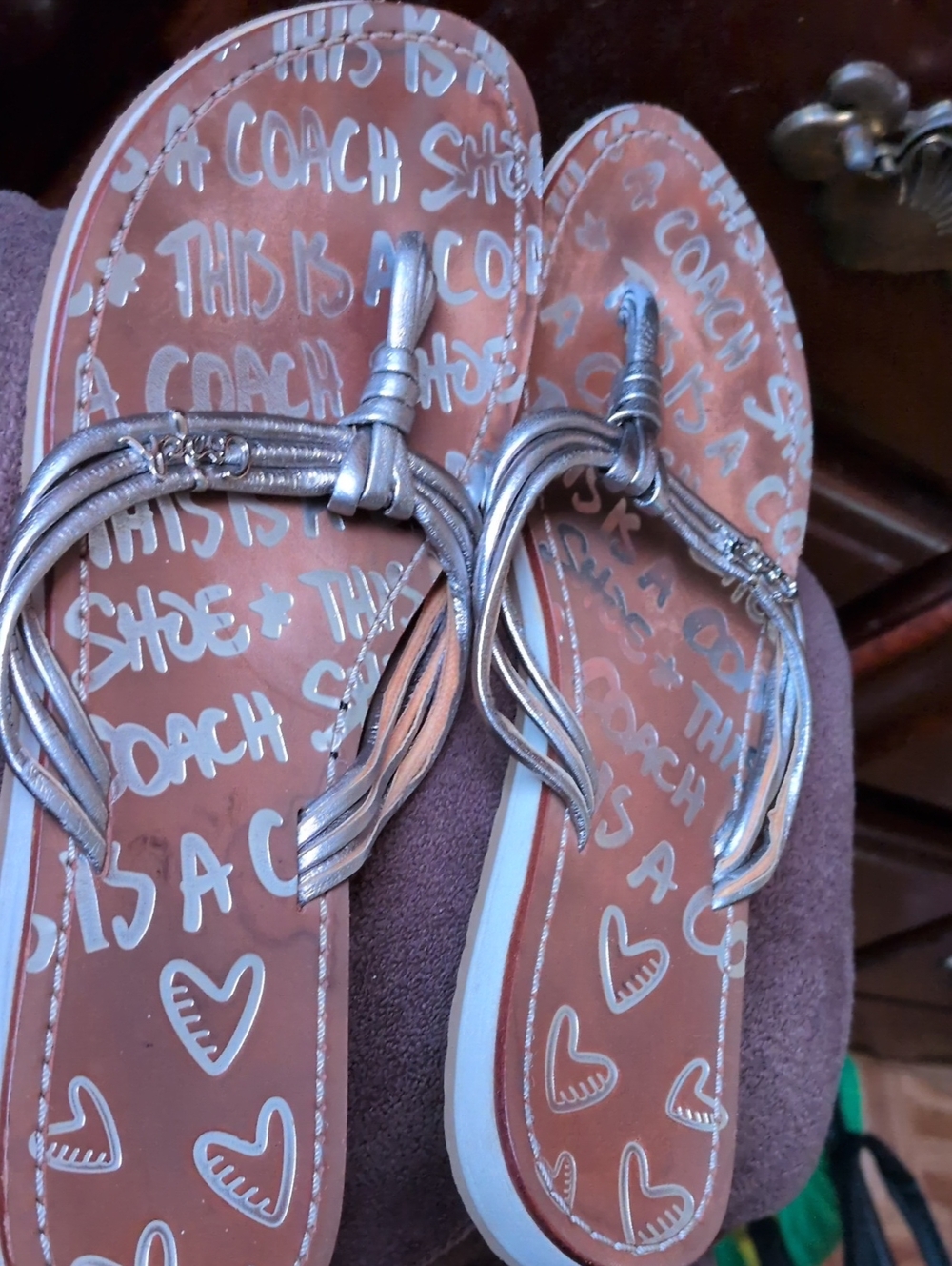 Coach Silver Braided Leather Thong Sandals - Silver